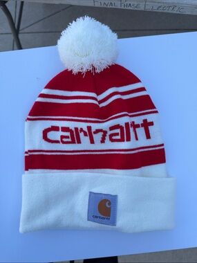 Carhartt Red and White Pom-Pom Knit Beanie